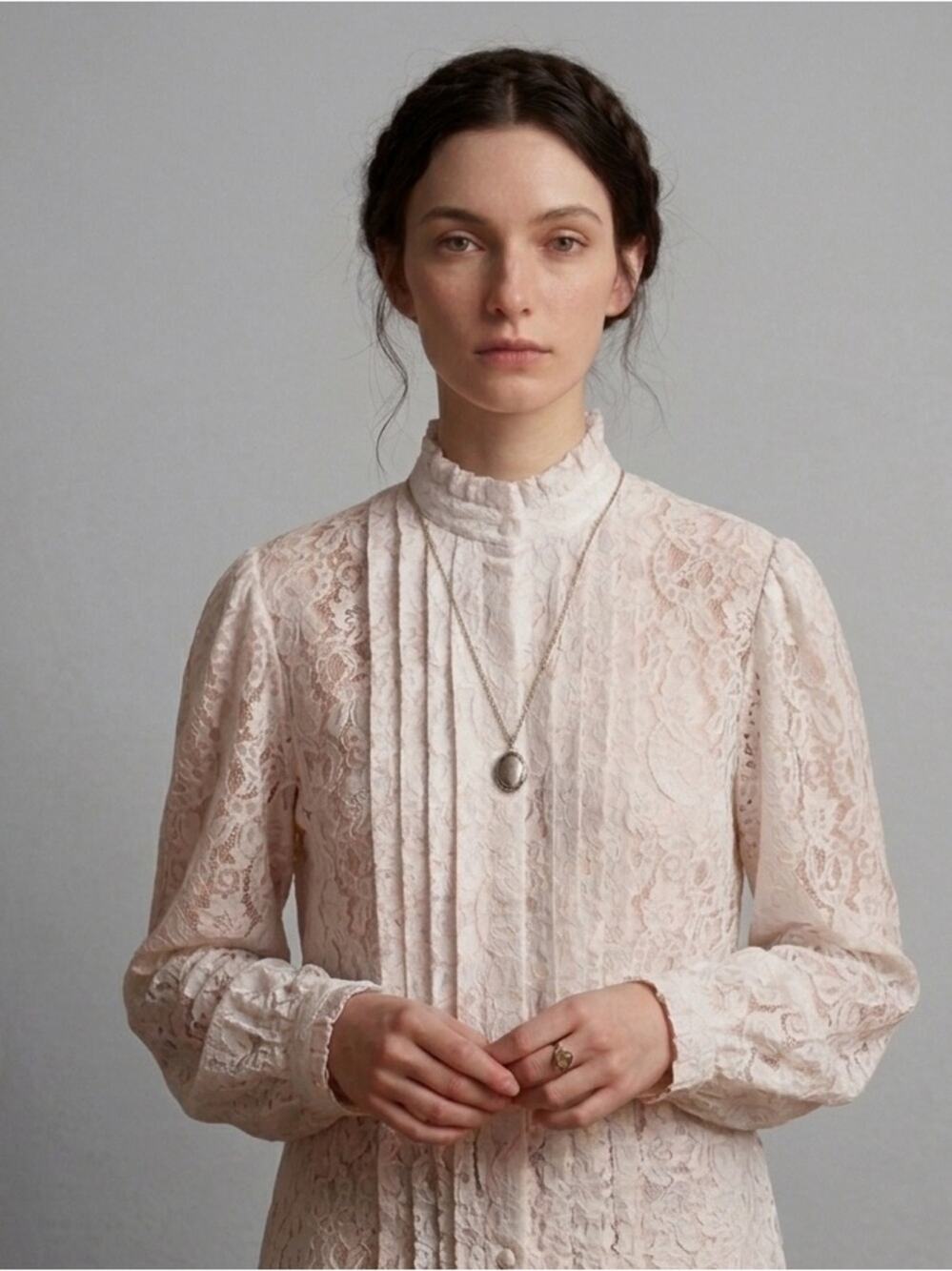 Vintage Miss H high ruffled neck button down cream blouse. 16